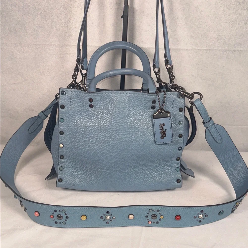 Coach Rogue Light Blue Pebbled Leather Satchel with crossbody strap - Picture 4 of 10